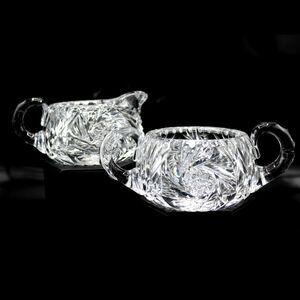 Antique Crystal Glass Creamer Sugar Set Hobstar American Brilliant Period